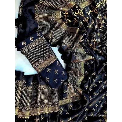 Picture of Elegant Style Original Japani Silk Bodhua Print Saree With Blouse Piece - Perfect & Suitable For Any Occasion-Black