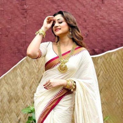 Picture of Most Popular Trendy Halfsilk Kantha Stitch Saree With Blouse Piece-off white
