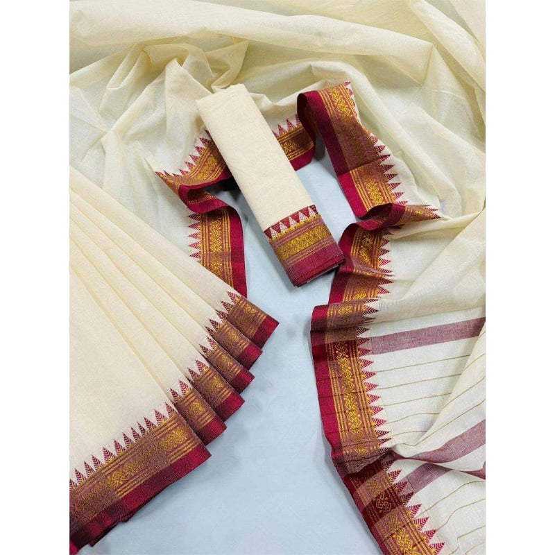 Picture of Most Popular Trendy Halfsilk Kantha Stitch Saree With Blouse Piece-off white