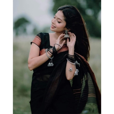 Picture of Most Popular Trendy Halfsilk Kantha Stitch Saree With Blouse Piece-Black