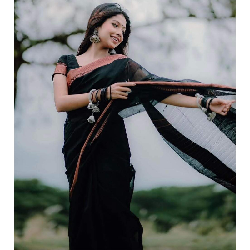 Picture of Most Popular Trendy Halfsilk Kantha Stitch Saree With Blouse Piece-Black