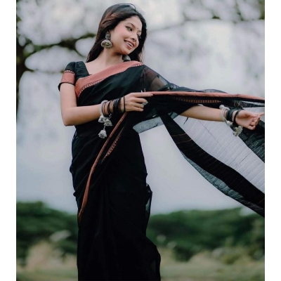 Picture of Most Popular Trendy Halfsilk Kantha Stitch Saree With Blouse Piece-Black