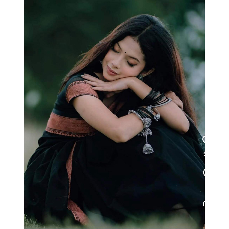 Picture of Most Popular Trendy Halfsilk Kantha Stitch Saree With Blouse Piece-Black