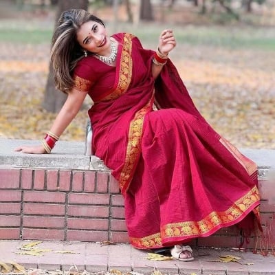 Picture of Most Popular Trendy Halfsilk Kantha Stitch Saree With Blouse Piece-Maroon