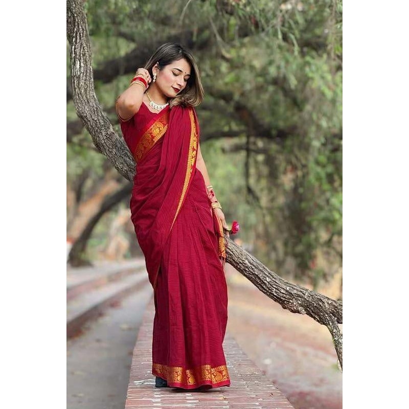 Picture of Most Popular Trendy Halfsilk Kantha Stitch Saree With Blouse Piece-Maroon