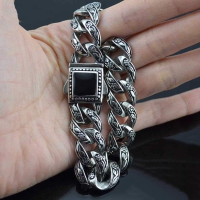 Picture of Unique Carving Heavy Cuban Curb Link Chain Bracelet - Silver