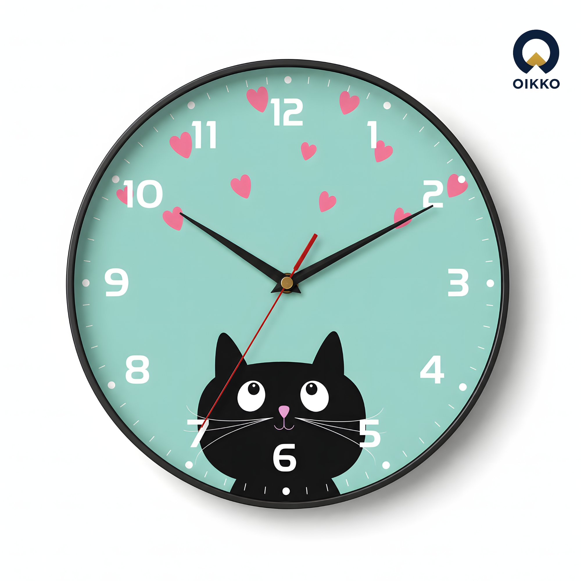 Picture of OIKKO 12 Inch Mint Green Cat Lover Wall Clock with Hearts (Model 33)