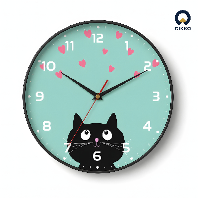 Picture of OIKKO 12 Inch Mint Green Cat Lover Wall Clock with Hearts (Model 33)