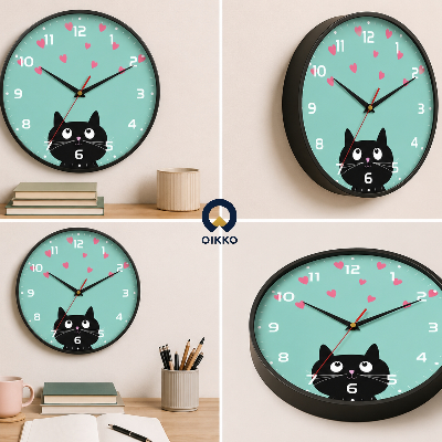Picture of OIKKO 12 Inch Mint Green Cat Lover Wall Clock with Hearts (Model 33)