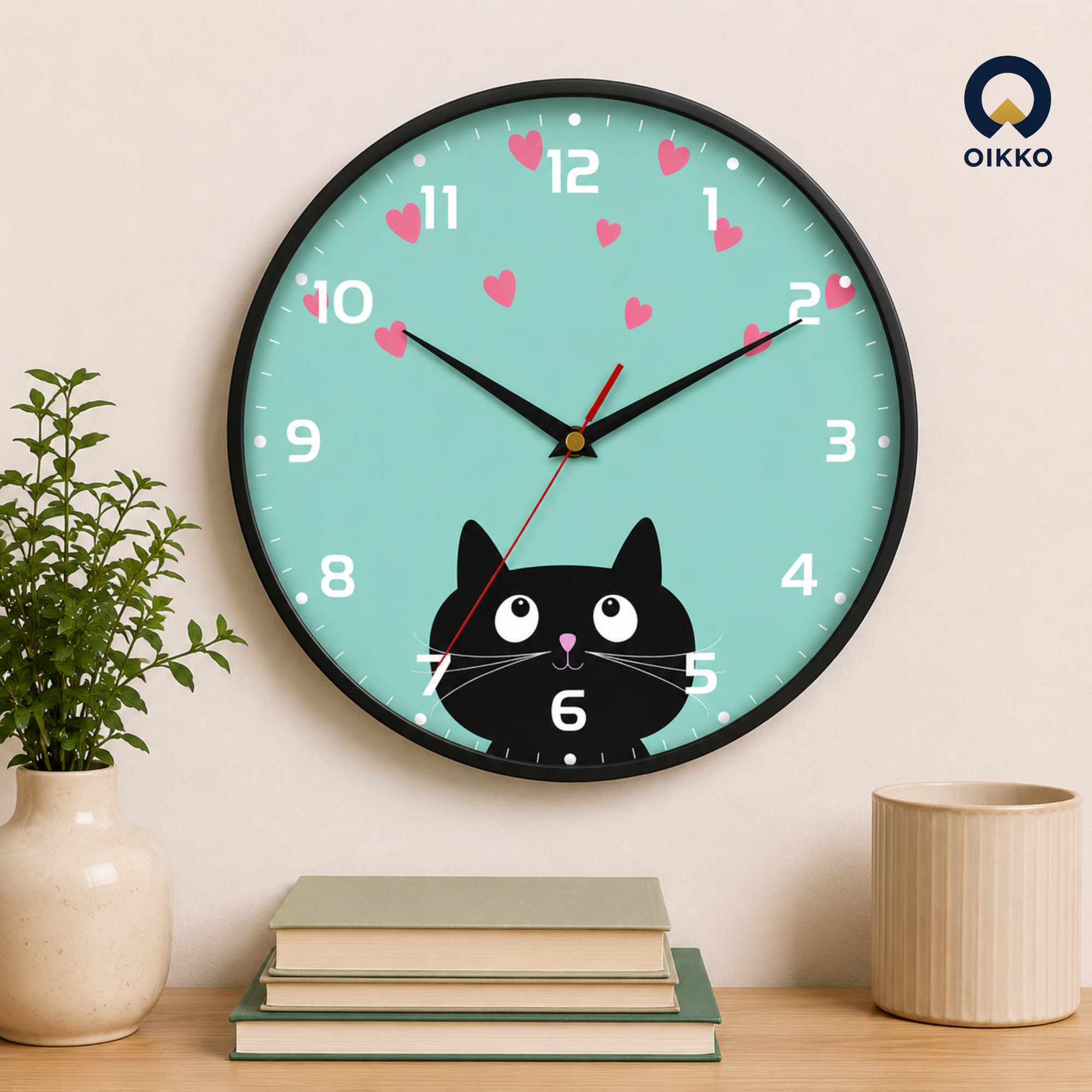 Picture of OIKKO 12 Inch Mint Green Cat Lover Wall Clock with Hearts (Model 33)