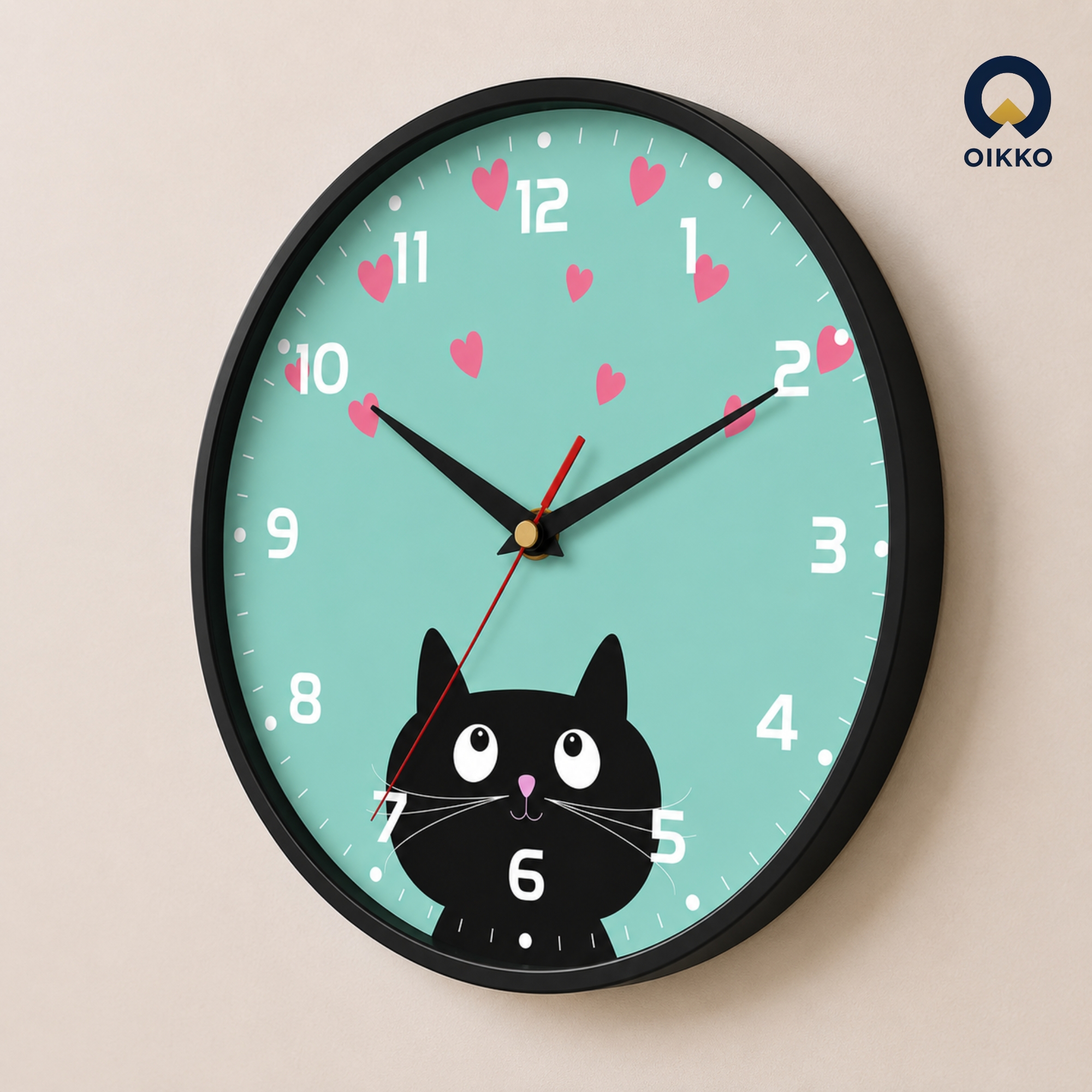 Picture of OIKKO 12 Inch Mint Green Cat Lover Wall Clock with Hearts (Model 33)