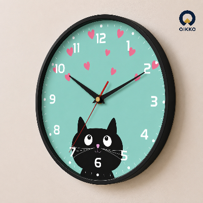 Picture of OIKKO 12 Inch Mint Green Cat Lover Wall Clock with Hearts (Model 33)