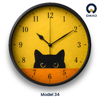 Picture of OIKKO 12 Inch Peeking Black Cat Yellow Wall Clock (Model 34)