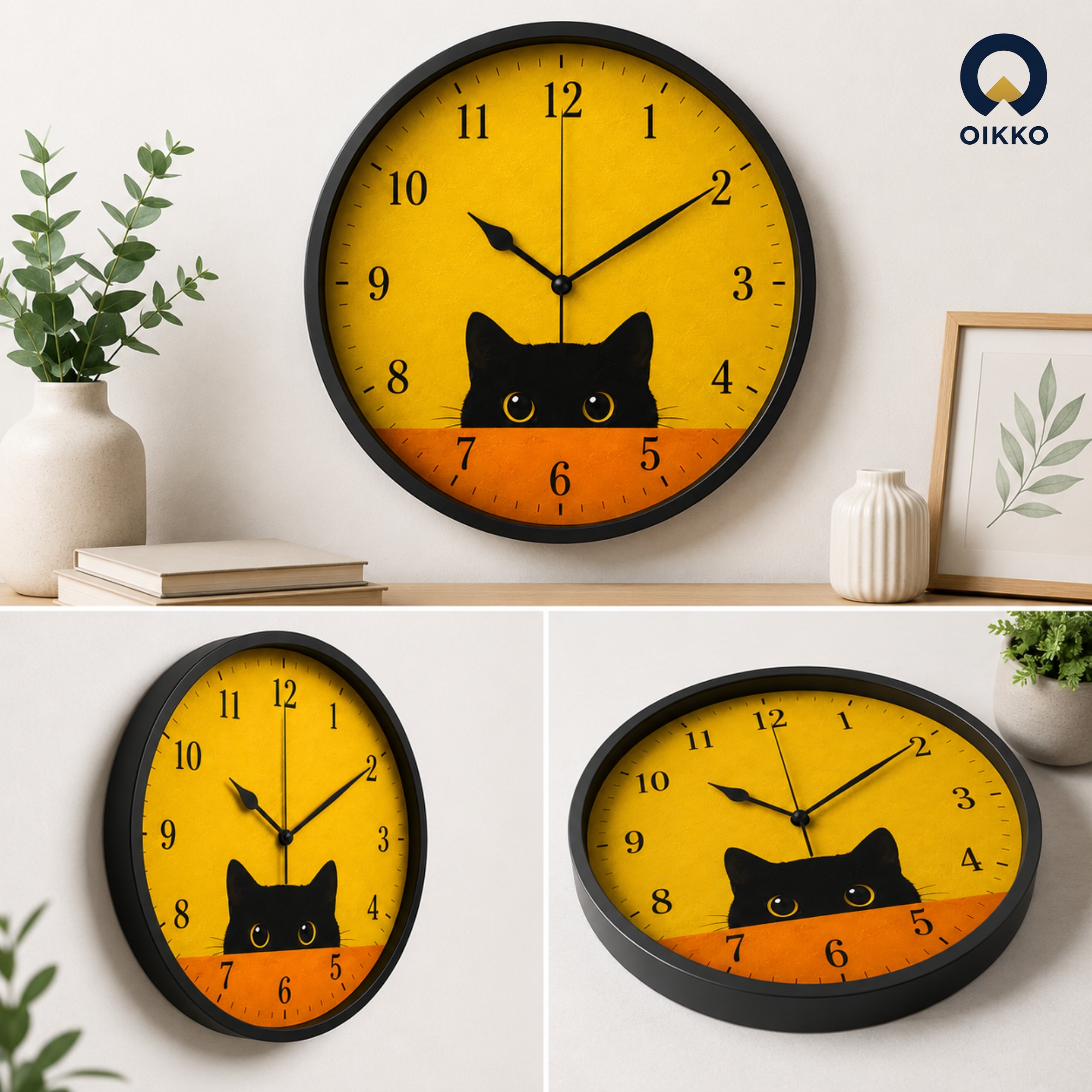 Picture of OIKKO 12 Inch Peeking Black Cat Yellow Wall Clock (Model 34)