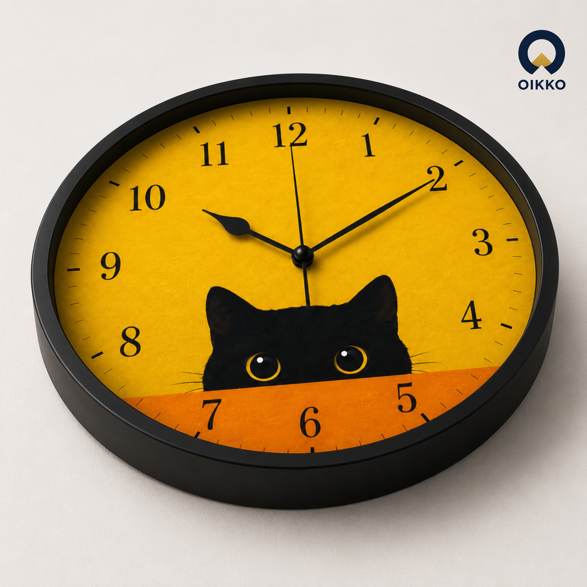 Picture of OIKKO 12 Inch Peeking Black Cat Yellow Wall Clock (Model 34)