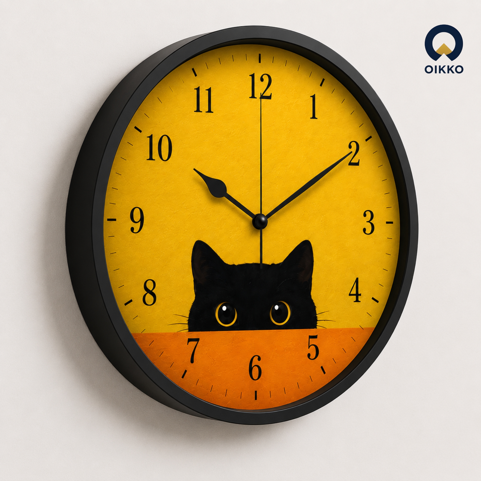 Picture of OIKKO 12 Inch Peeking Black Cat Yellow Wall Clock (Model 34)