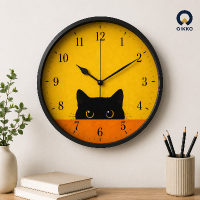 Picture of OIKKO 12 Inch Peeking Black Cat Yellow Wall Clock (Model 34)