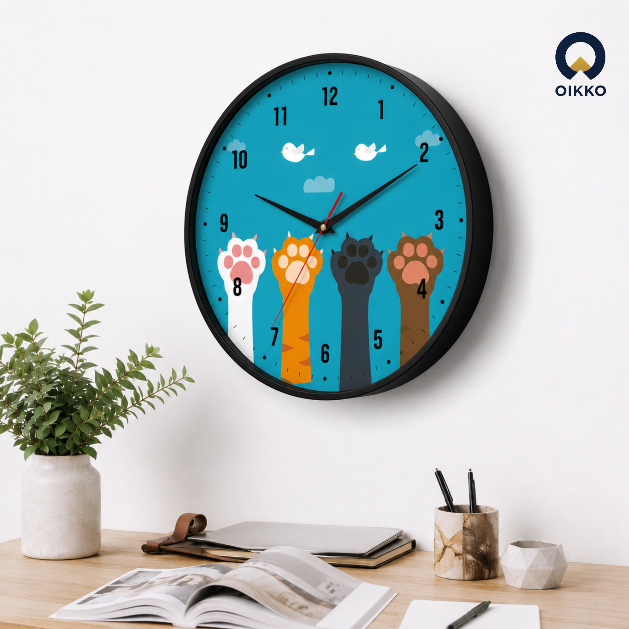 Picture of OIKKO 12 Inch Cute Cats Paws & Birds Kids Wall Clock (Model 35)