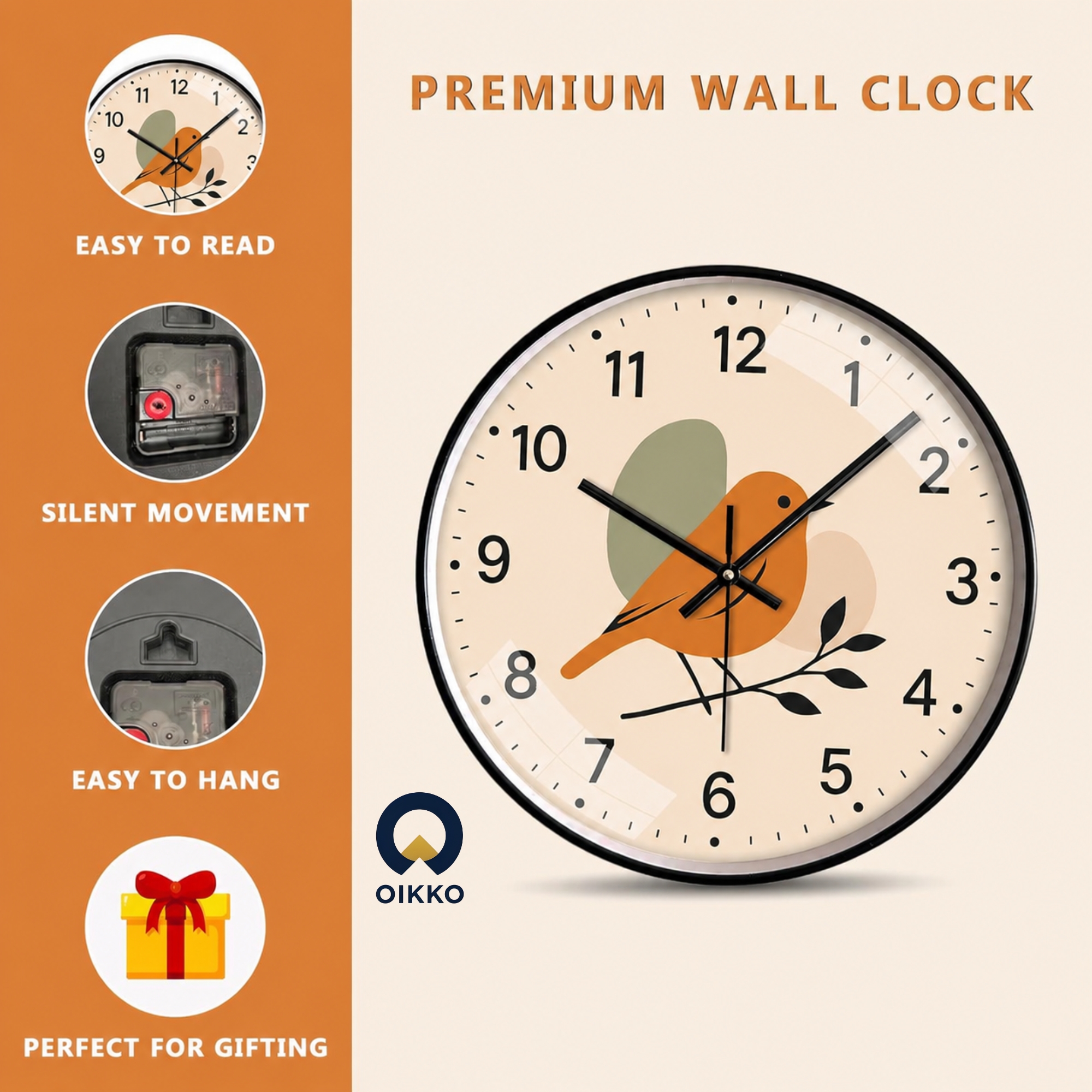 Picture of OIKKO 12 Inch Aesthetic Little Bird Minimalist Wall Clock (Model 36)