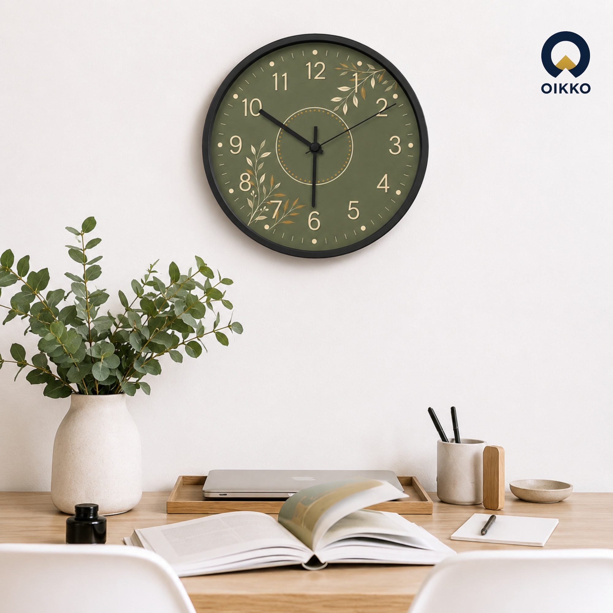 Picture of OIKKO 12 Inch Olive Green Botanical Leaves Wall Clock (Model 45)