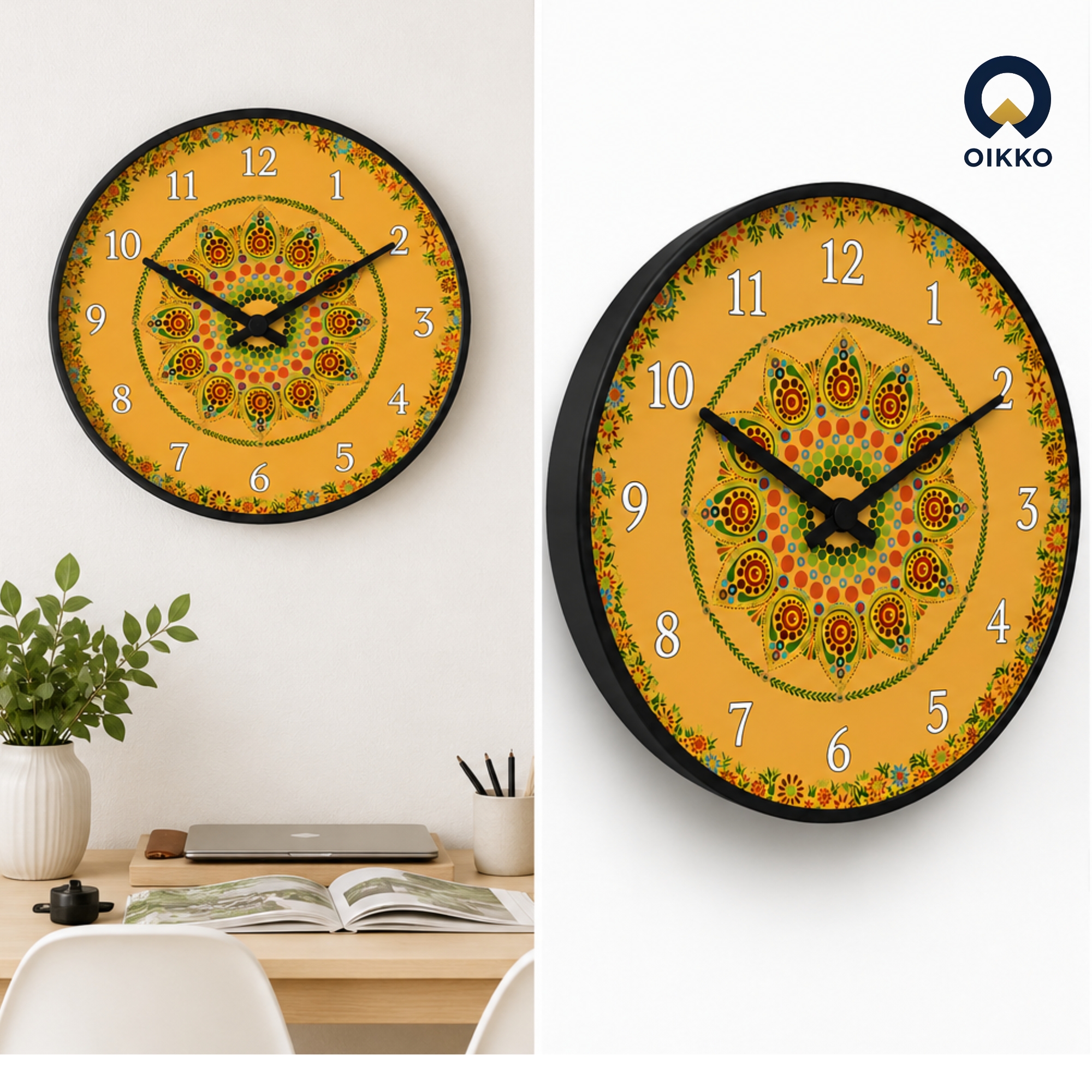 Picture of OIKKO 12 Inch Traditional Floral Mandala Yellow Wall Clock (Model 46)