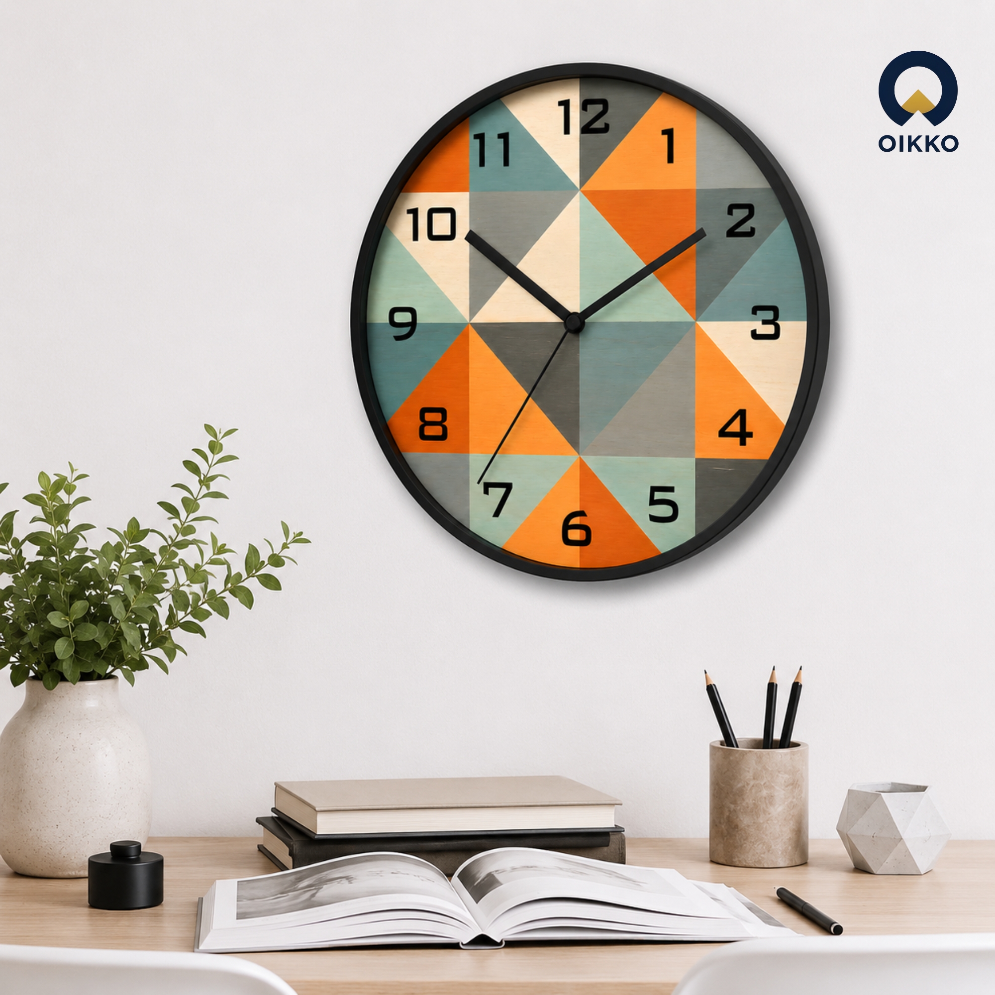 Picture of OIKKO 12 Inch Geometric Triangle Pattern Wooden Wall Clock (Model 47)