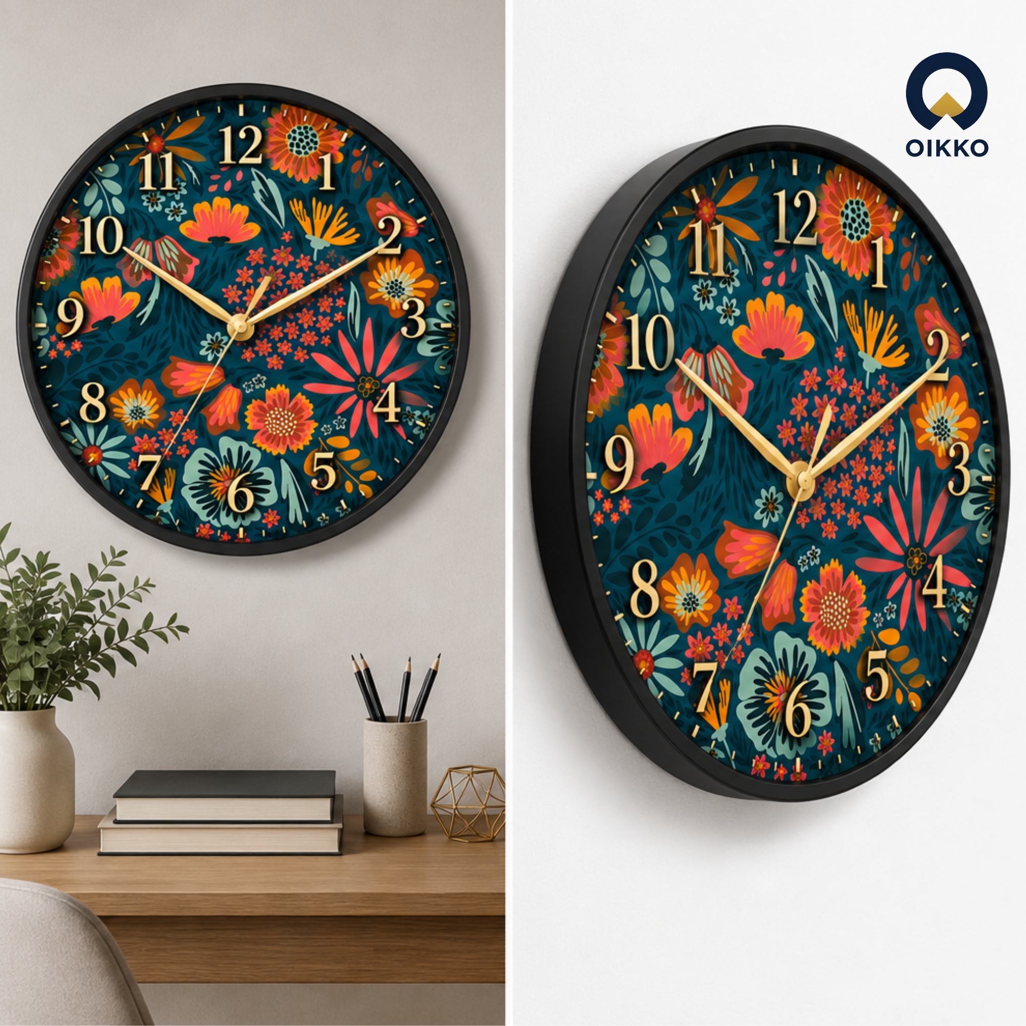 Picture of OIKKO 12 Inch Dark Floral Botanical Pattern Wall Clock (Model 51)