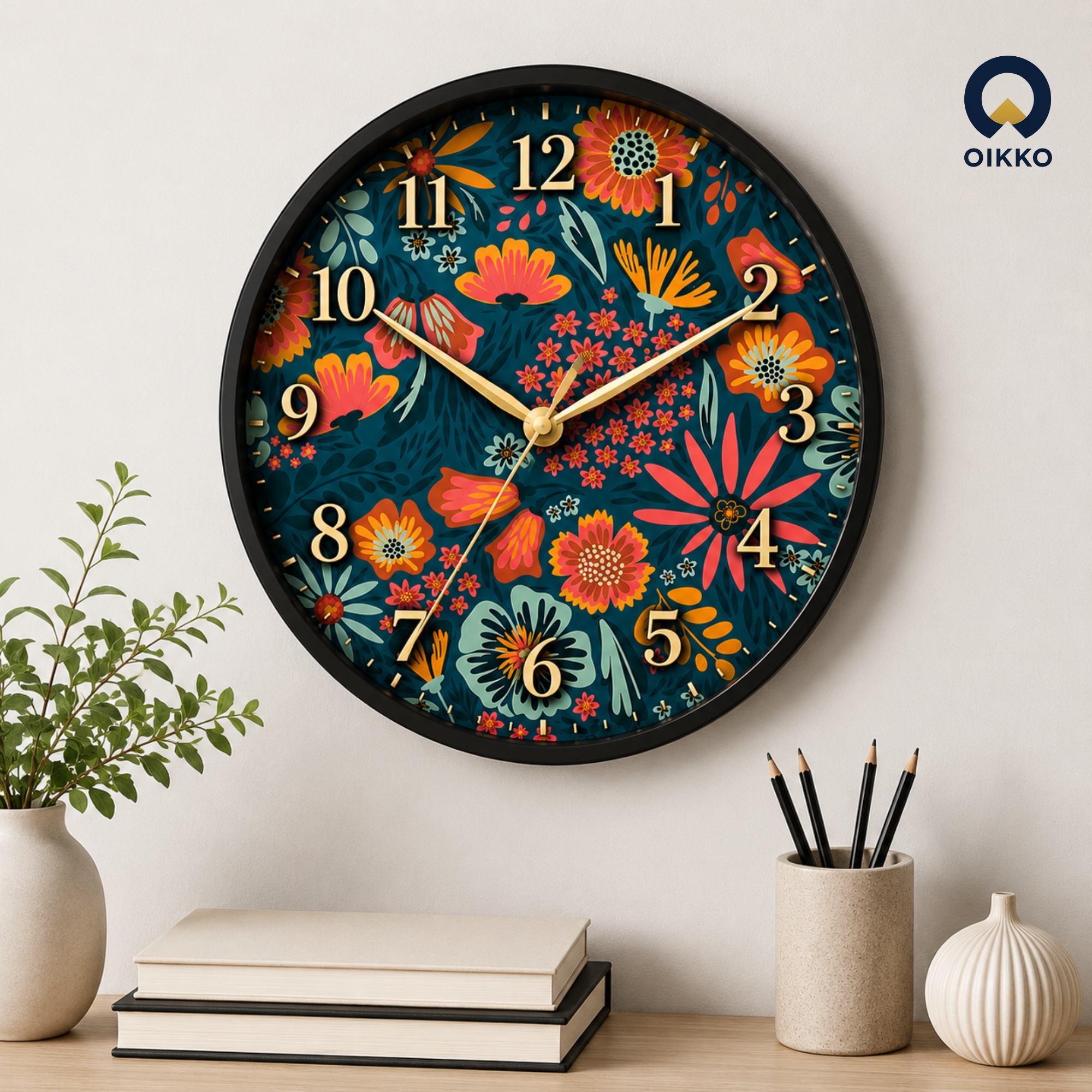 Picture of OIKKO 12 Inch Dark Floral Botanical Pattern Wall Clock (Model 51)