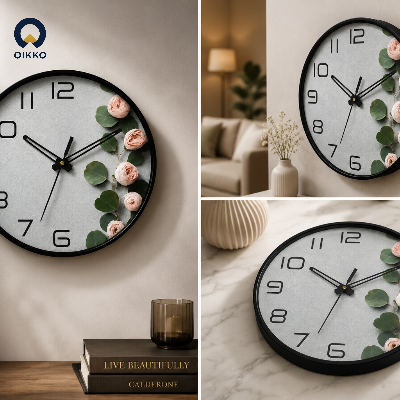 Picture of OIKKO 12 Inch Minimalist Concrete & Pink Peony Wall Clock (Model 52)