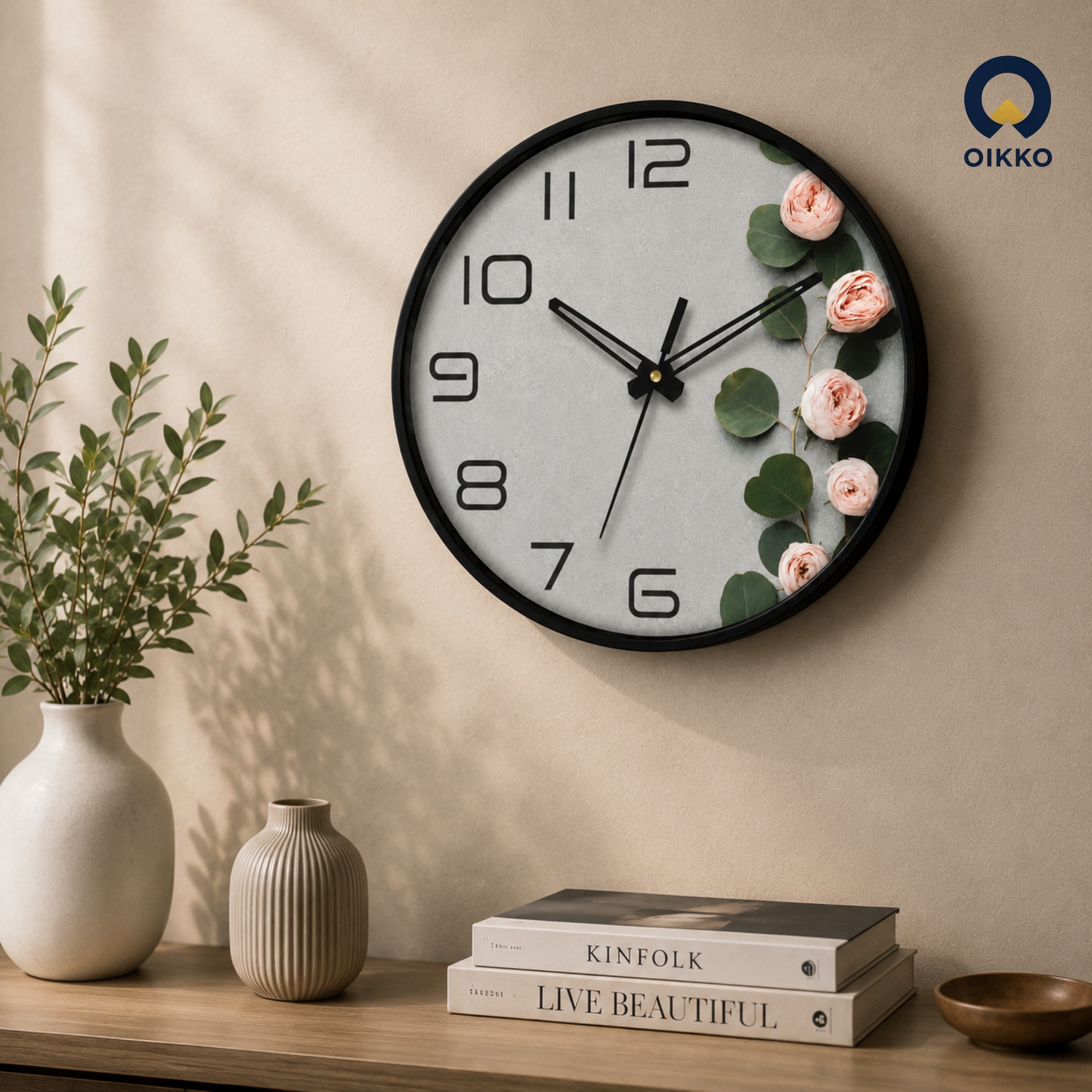 Picture of OIKKO 12 Inch Minimalist Concrete & Pink Peony Wall Clock (Model 52)