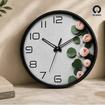 Picture of OIKKO 12 Inch Minimalist Concrete & Pink Peony Wall Clock (Model 52)