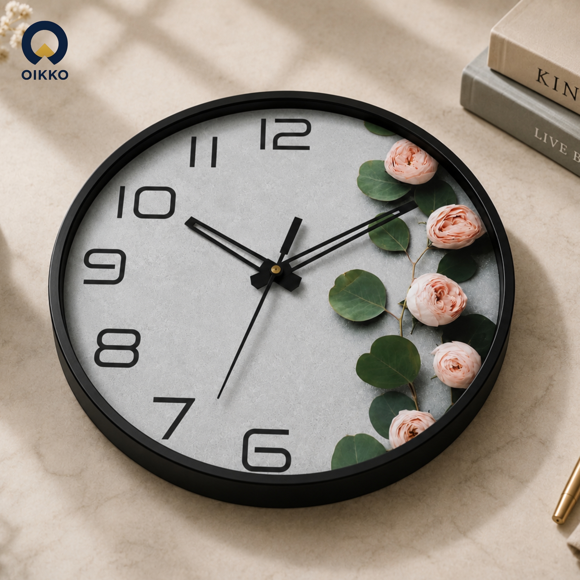 Picture of OIKKO 12 Inch Minimalist Concrete & Pink Peony Wall Clock (Model 52)