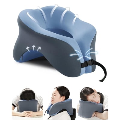 Picture of Travel Pillow for Airplanes with 360 Head Support,Memory Foam 2-in-1 Neck Pillow Airplane,Travel Neck Pillow with Storage Bag,Adjustable Clasp for Travel,Home,Office,and Gaming Multicolor