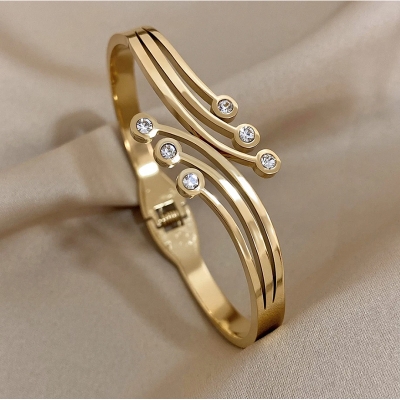Picture of Elegant Charm Zirconia Stainless Steel Bangle Bracelet for Women Gold Color Cuff Bracelets Waterproof Wrist Jewelry Gift Gold