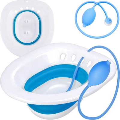 Picture of Sitz Bath for Toilet Seat Hemorrhoids and Postpartum Care, Yoni Steam Seat, Perineal Soaking, Collapsible, Flusher Hose, Drain Holes, Wider Seating Area Multicolor