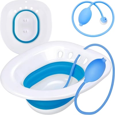 Picture of Sitz Bath for Toilet Seat – Hemorrhoids, Postpartum & Yoni Steam Care  Collapsible Perineal Soaking Seat with Flusher Hose & Drain Holes Multicolor