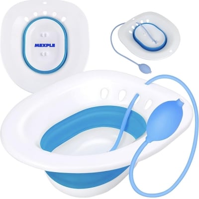 Picture of Sitz Bath, Sitz Bath for Hemorrhoids, Sitz Bath for Toilet Seat, Postpartum Care, Sits Bath Kit for Women, Collapsible, Flusher Hose, Drain Holes, Wider Seating Area, Deeper Bowl Multicolor
