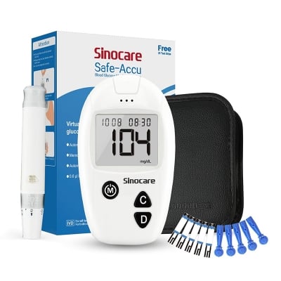 Picture of SINOCARE SAFE ACCU Blood Glucose Monitor/Machine  With 25 Strips and Lancets, One Lancet Device  No Coding required, 200 Memory, Upto 28 Days Average  Safe, Accurate and Reliable Glucometer Multicolor