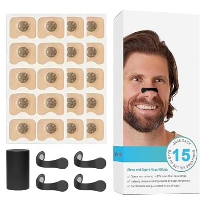 Picture of 15Pcs Magnetic Nasal Glue Strips  Breathing Nasal Strip  Anti Snoring Nose Clip  Skin Safe Sleep  Nasal Dilator For Breathing  Snoring Stopper For Men  Breathing Starter Kit Black