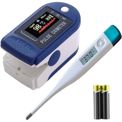 Picture of Finger Pulse Oximeter Digital Thermometer LED Display Oxygen Saturation Monitor, Pulse Oxymeter Finger Adult Child, Heart Rate Monitor, Test for Sp02 Blood Oxygen Concentration (Includes Batteries) White-nevi blue