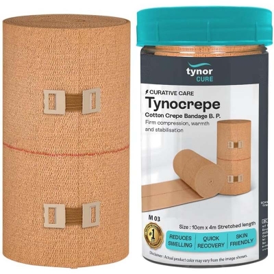 Picture of Tynor Tynocrepe Cotton Elastic Crepe Bandage, 10cm x 4m, Compression Support for Hand Knee Leg Wrist, Beige Multicolor
