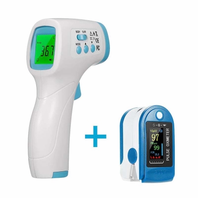 Picture of Pulse Oximeter Finger Blood Oxygen Sensor Saturation Monitor + Digital Forehead Thermometer Non-Contact Infrared Thermometer Red