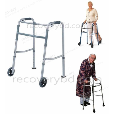 Picture of Folding Walker with wheel Portable Light Weight Height Adjustable Foldable Walker for Men Women Adults Patients & Old age People Silver