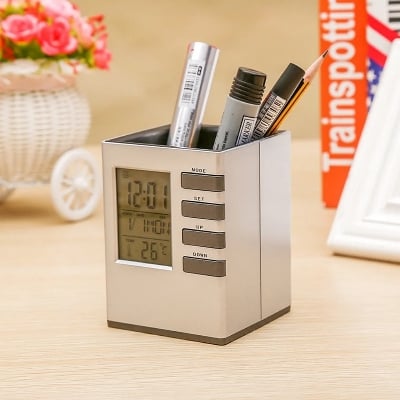 Picture of  Digital Alarm Clock Pen Holder - Silver