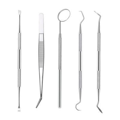 Picture of Dental Mouth Mirror Stainless Steel Tweezers Elbow Probe Dentist Instrument Teeth Cleaning Whitening Dentistry Tools Set Silver