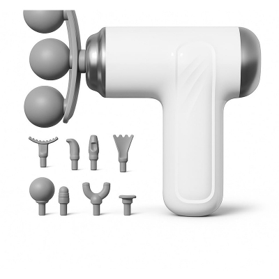 Picture of Portable Massage Gun, Triple head Massage Gun Pro+ Mini, 3-Head Percussion, 6-Speed Settings, Deep Tissue Muscle Relief, 2300-3200RPM, with 9 Attachments, 1200mAh Battery White