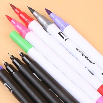Picture of Dual Tip Brush Pen Set Colourful Felt Tip Pens, Double-Headed Brush Pens with Soft Tip, Watercolour Pencils with Two Types of Nibs, Fibre Tip Pens & Fineliner (All Variation)