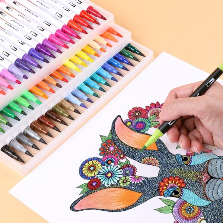 Picture of Dual Tip Brush Pen Set Colourful Felt Tip Pens, Double-Headed Brush Pens with Soft Tip, Watercolour Pencils with Two Types of Nibs, Fibre Tip Pens & Fineliner (All Variation)