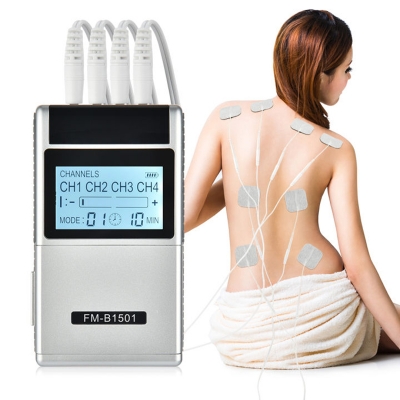 Picture of TENS EMS Muscle Stimulator 15 Modes 4 Outputs 8 Pads Pain Relief Electric Pulse Impulse Massager Machine Electrotherapy Machine Silver