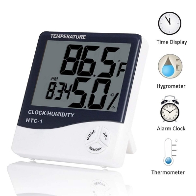 Picture of HTC-1 Room Thermometer with Humidity Incubator Meter and Accurate Temperature Indicator Wall Mounting LCD Digital Clock Monitor for Indoor/Outdoor (White)